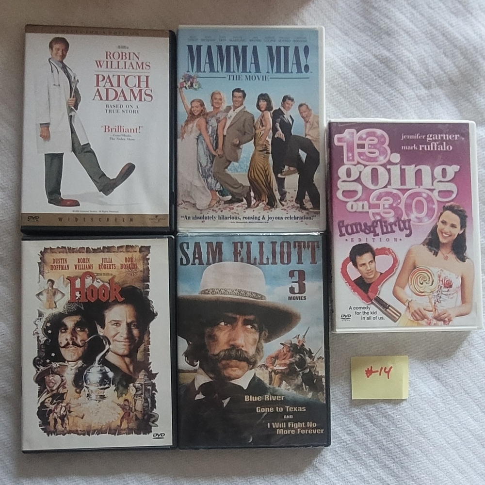 7 DVD- Hook, Mama Mia, 13 Going On 30, Sam Elliot (3 Movies), Patch (14) LOT